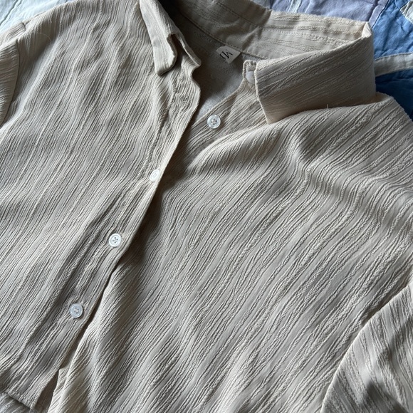 Mint Womens Cropped Collar Button Up Tan Textured Top Casual Cabana Preppy Small - Picture 6 of 10